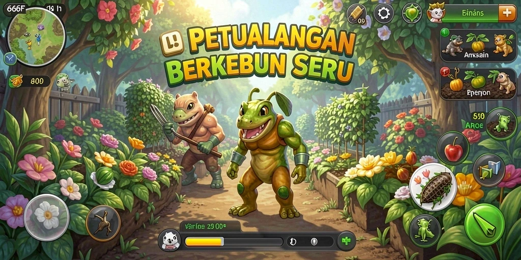 Tampilan gameplay menarik di ladang dengan berbagai tanaman dan hewan.