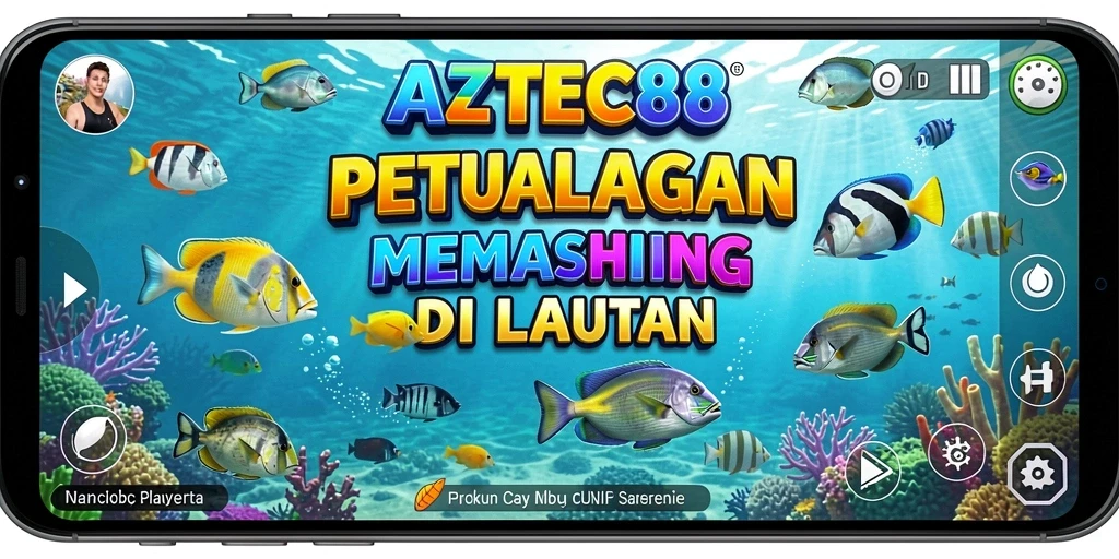 Tampilan gameplay AZTEC88 menampilkan aksi memancing yang penuh warna dan seru.