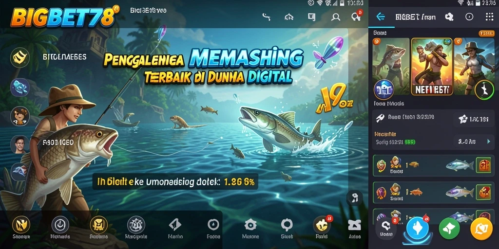Screenshot utama BIGBET78 menampilkan gameplay memancing yang seru dan penuh warna.