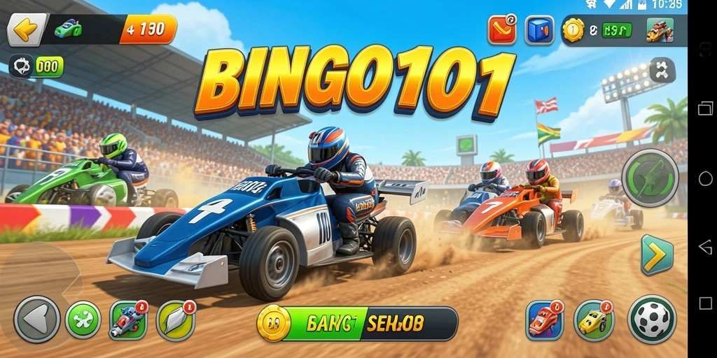 Screenshot BINGO101 menampilkan aksi balapan yang mendebarkan.