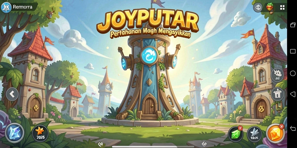 Tangkapan layar gameplay JOYPUTAR menunjukkan aksi menara mempertahankan markas dari musuh.