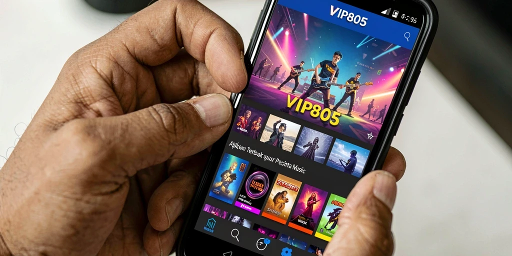 Screenshot utama VIP805 menunjukkan antarmuka aplikasi dengan berbagai genre musik.
