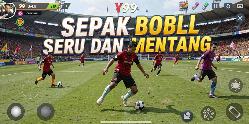 Tangkapan layar utama Y89 menampilkan aksi seru di lapangan sepak bola.