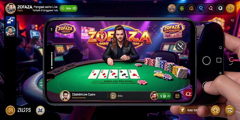 Screenshot gameplay ZOFAZA dengan dealer langsung dalam suasana kasino yang mendebarkan.